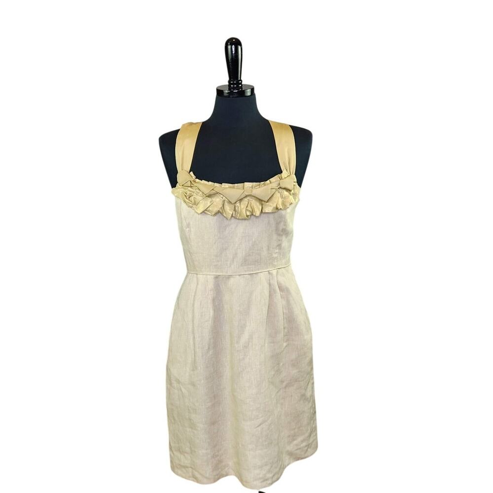 J. Crew Collection Linen Dress Tan Beige Ruffles Pockets Mini Event 8